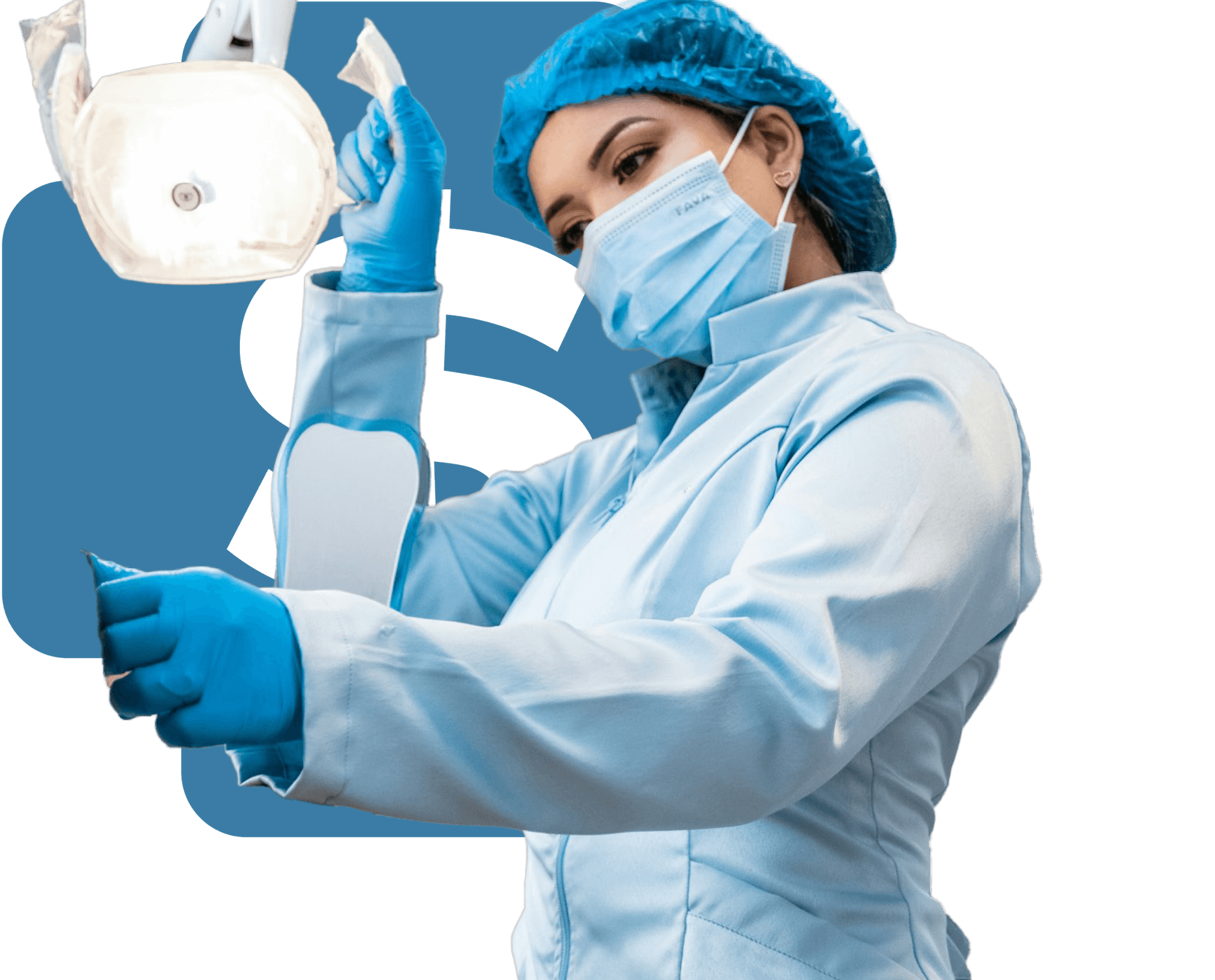 Dentista experiente com logo da MeetCare ao fundo