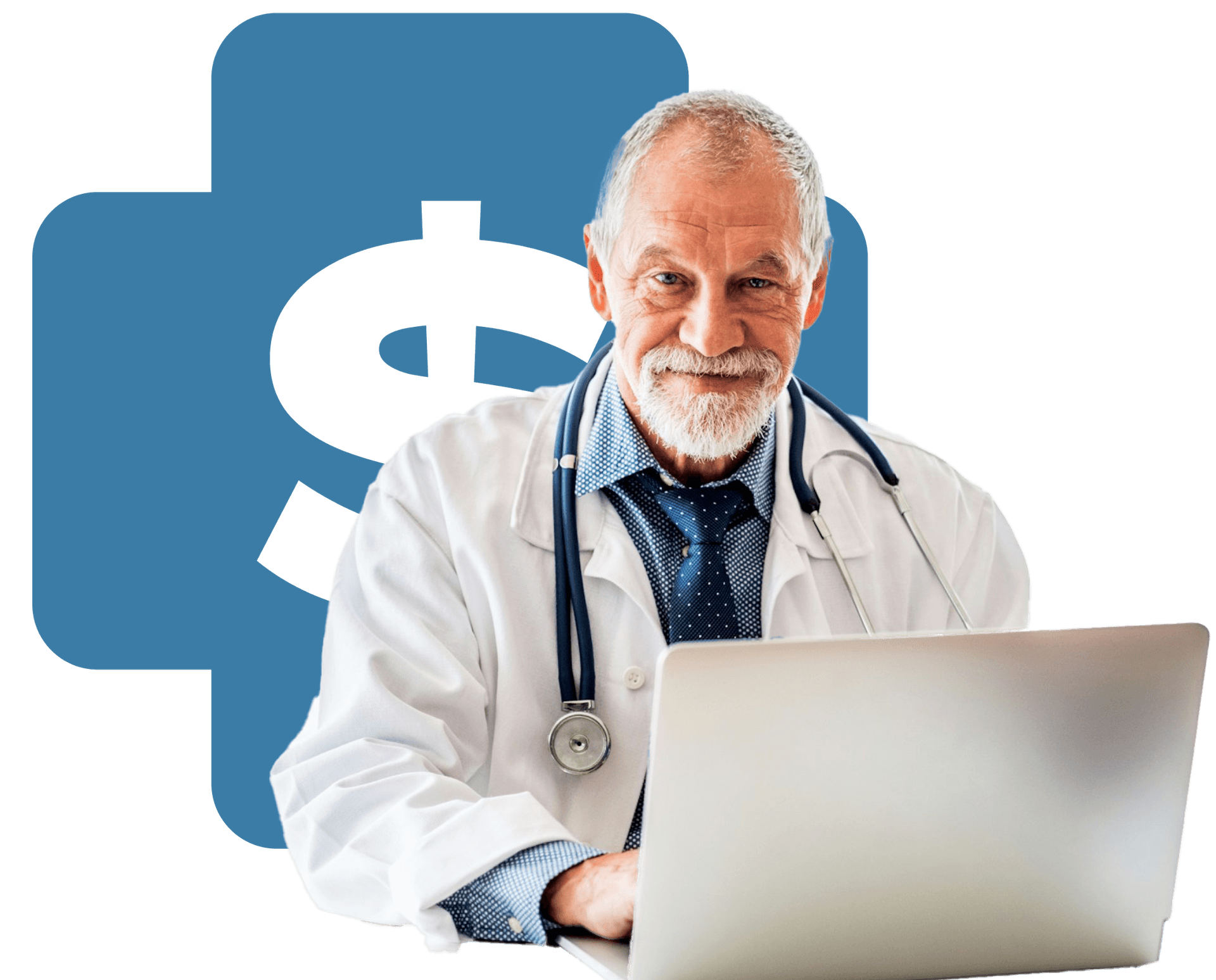 Médico experiente com logo da MeetCare ao fundo